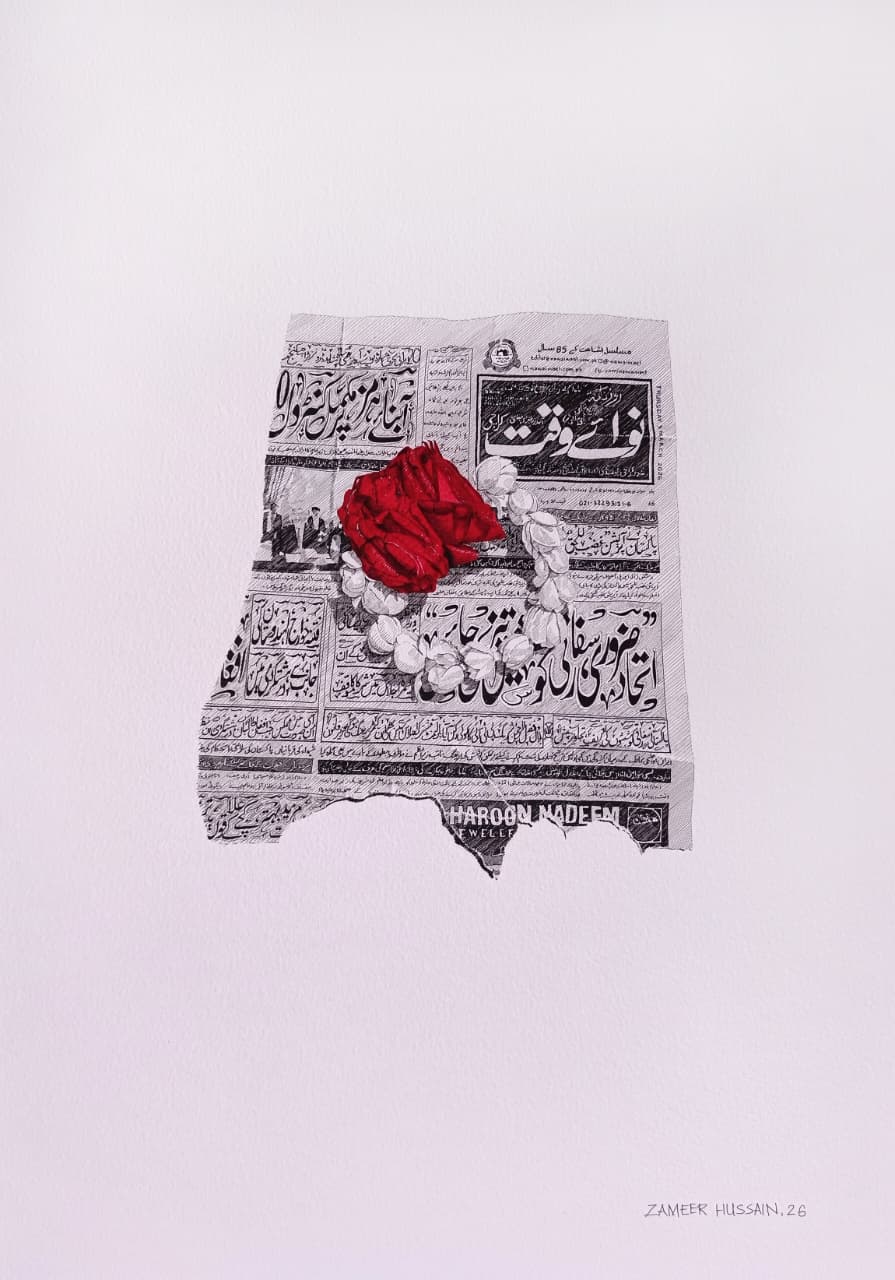Still Life Drawing by Zameer Hussain, Pen on Paper, 14 x 20 Inches