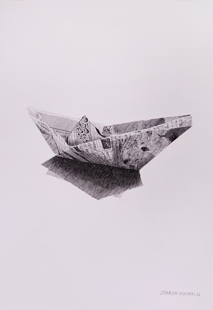 Still Life Drawing by Zameer Hussain, Pen on Paper, 14 x 20 Inches