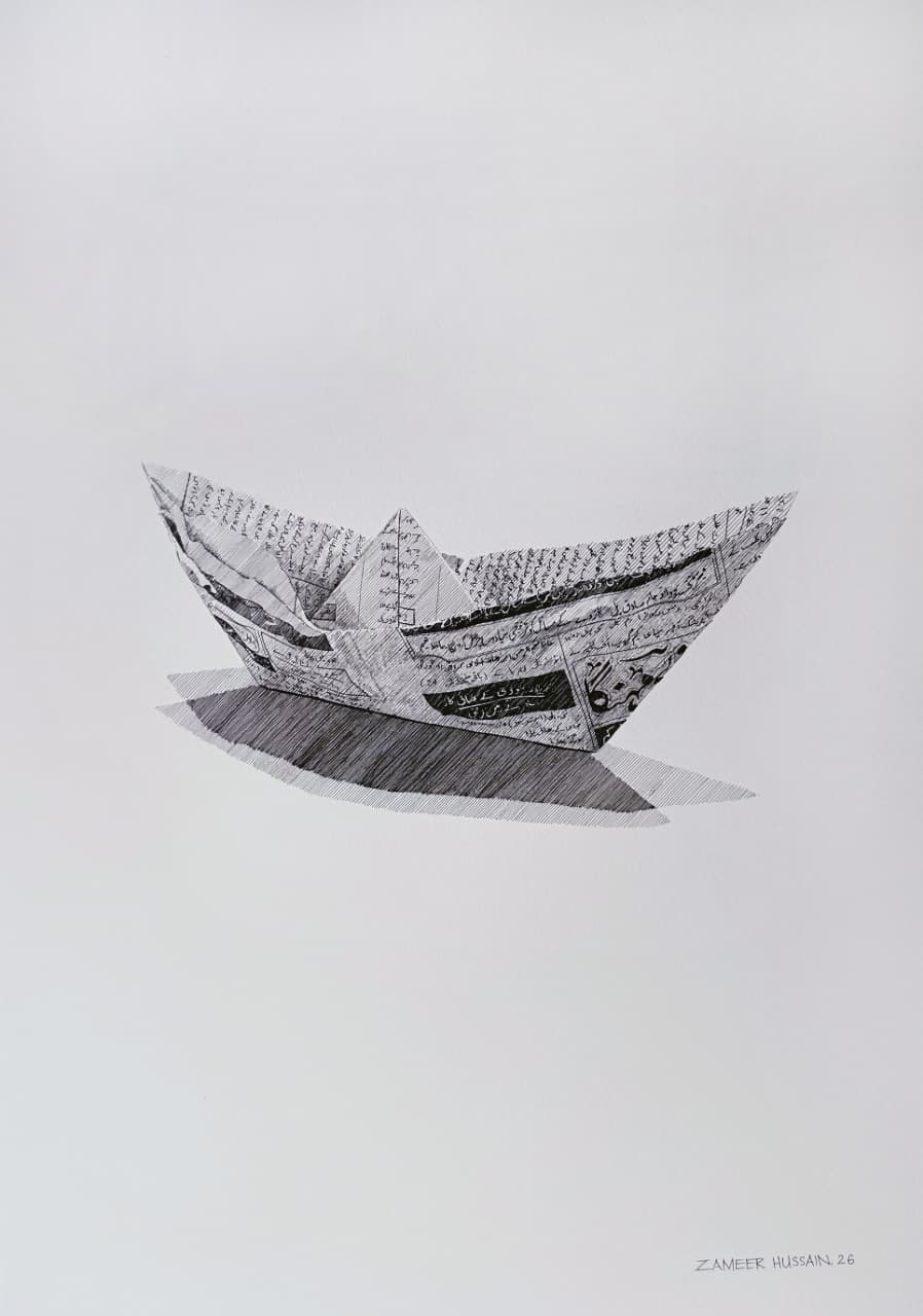 Still Life Drawing by Zameer Hussain, Pen on Paper, 14 x 20 Inches