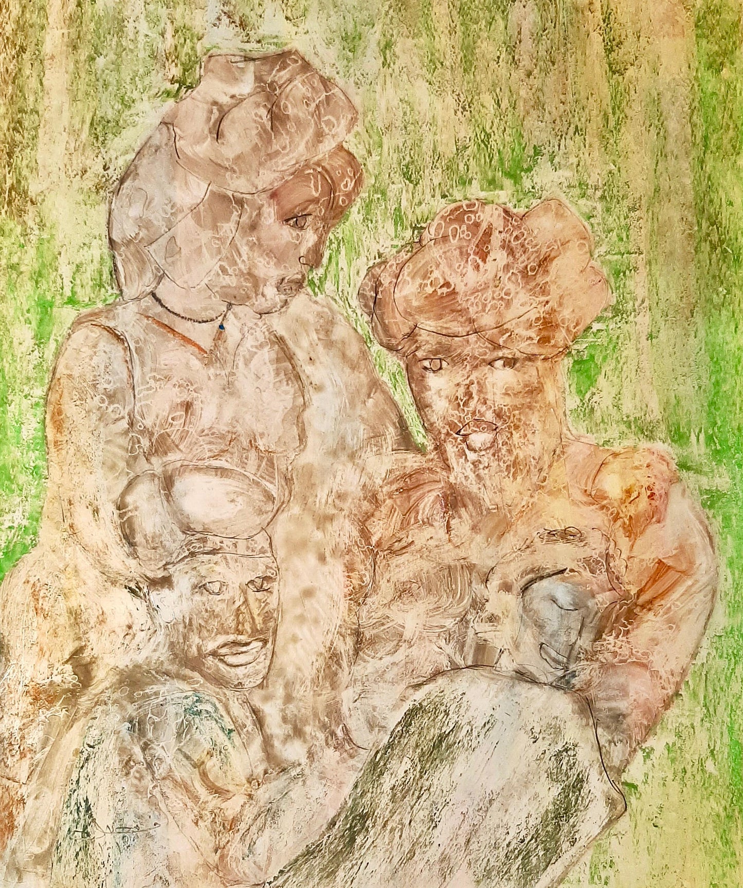 Sheltered in Love, Figurative Painting by Arjumand Faisel, Oil Pastels on Paper, 10 x 12 inches