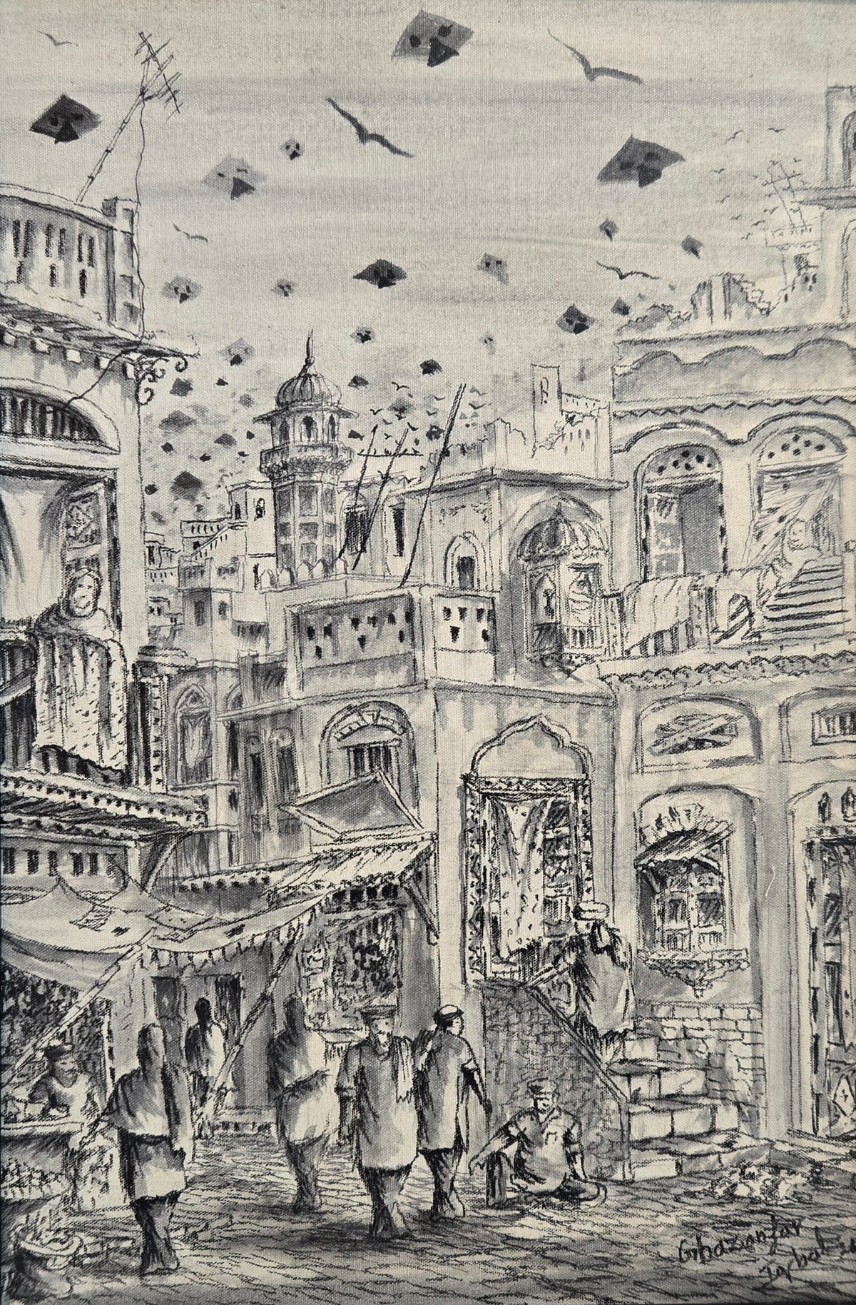 Cityscape Painting by Ghazanfar Iqbal, Mixed Media on Canvas, 11.5 x 17.5 Inches