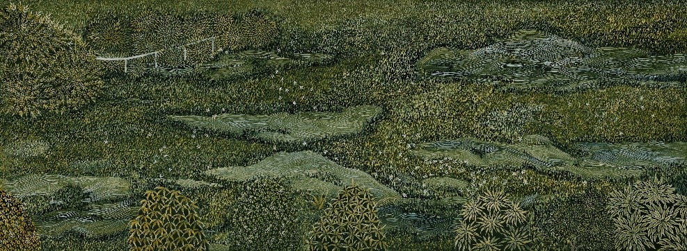 Remnants, Landscape Painting by Aaila Zahra, Gouache on Arches Paper, 29 x 11 inches