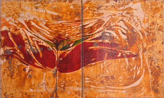 Divide and bleed-II, Abstract Painting by Abid Hasan, Oil, Chemically oxidized silver on Canvas, 33.4 x 19.6 inches.