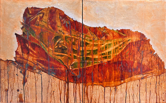 Divide and bleed-I, Abstract Painting by Abid Hasan, Oil, Chemically oxidized silver on Canvas, 33.4 x 19.6 inches.