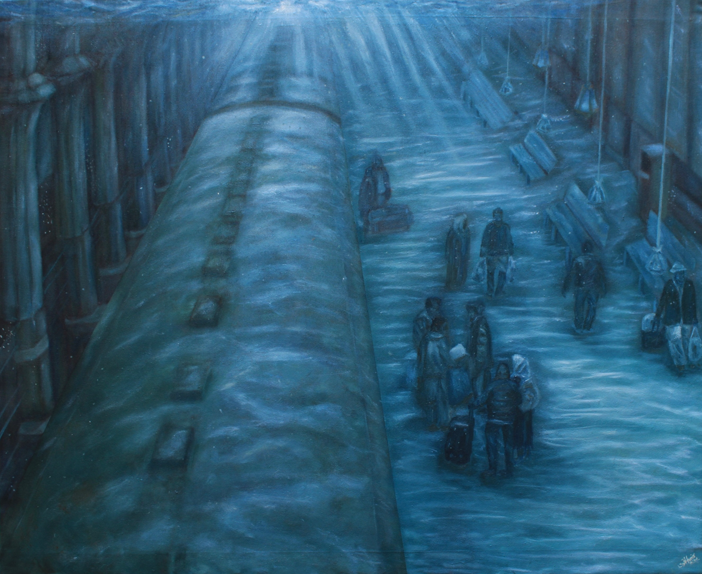 Deep Sea Station, Cityscape Painting by Huria Naqvi, Oil on Canvas, 42 x 33 Inches