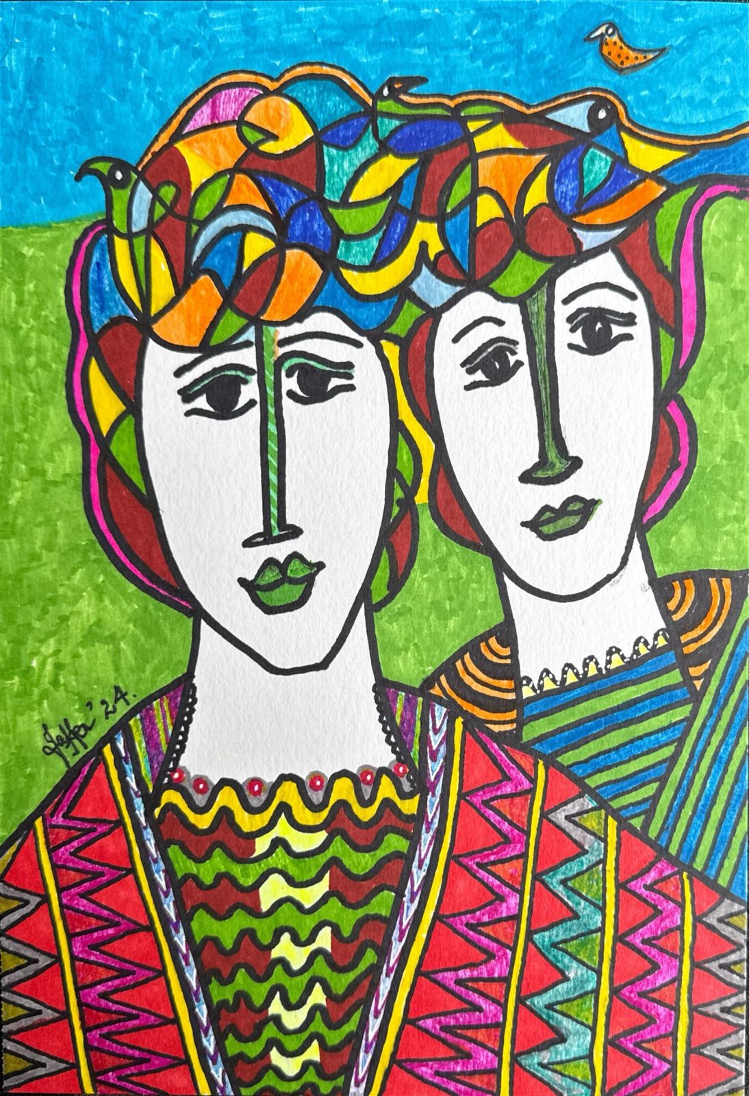 4 Birds - II, Portrait Painting by Wahab Jaffer, Acrylic and Marker on Paper, 8.5 x 12 inches