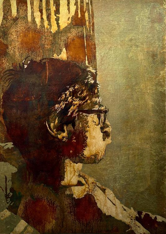 Back to the Broadcast, Portrait Painting by Swarim Abid, Oxidized Silver leaf on Canvas, 19.5 x 27.5 inches