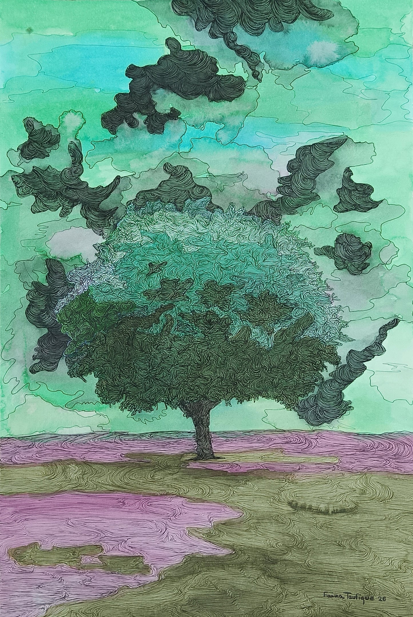 Comfort of Heart, Landscape Painting by Faiza Taufique, Pen & Ink on Arches Paper, 15 x 22 inches