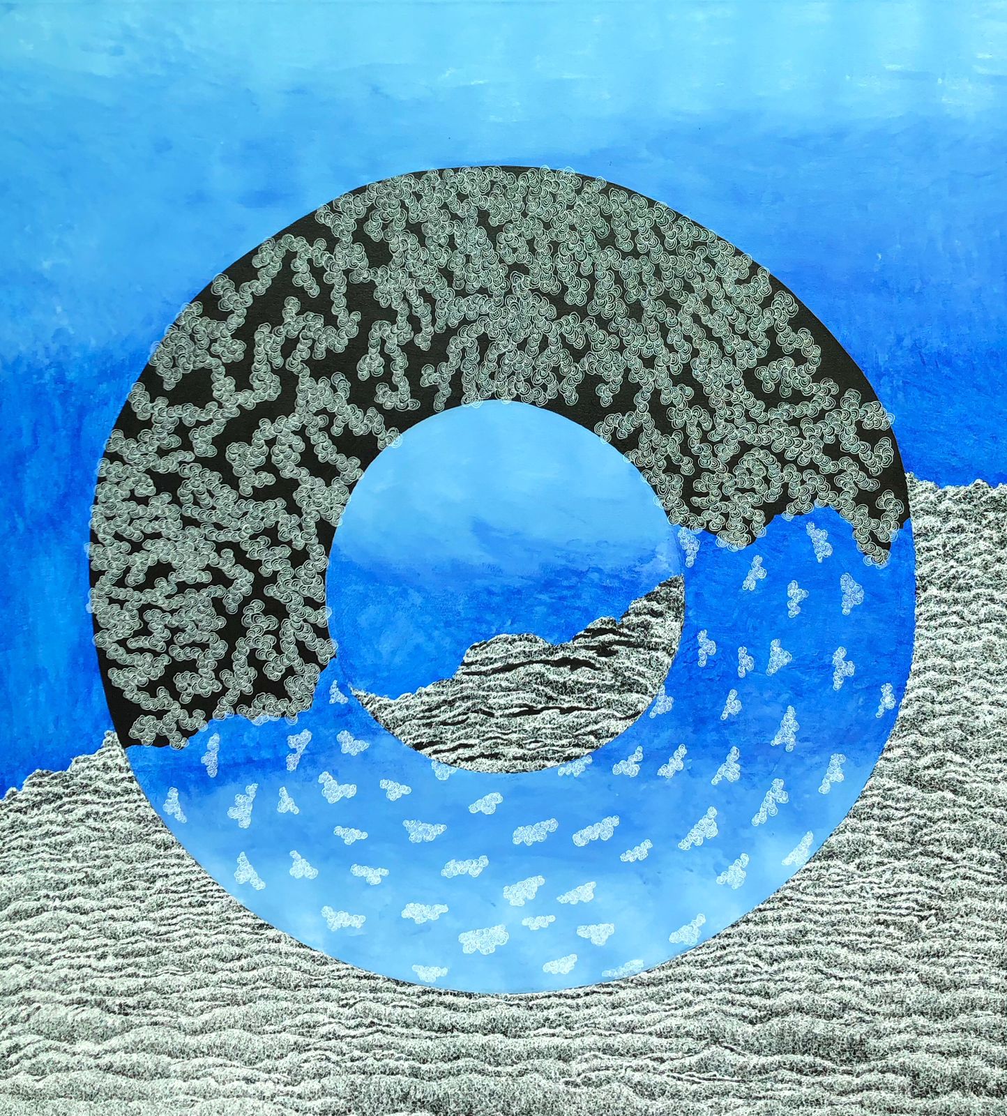 Cycles of Becoming, Abstract Painting by Isra Noman, Ink on Canvas, 48 x 54 inches
