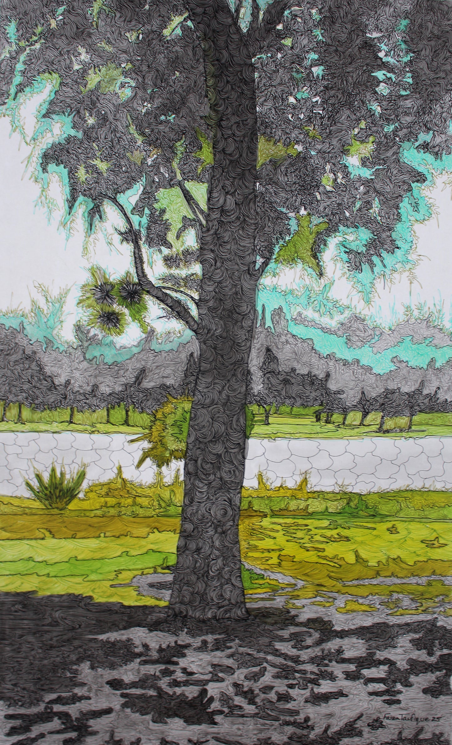 The Essence of the Tree, Landscape Painting by Faiza Taufique, Pen & Ink on Bleach Card, 18 x 30 inches