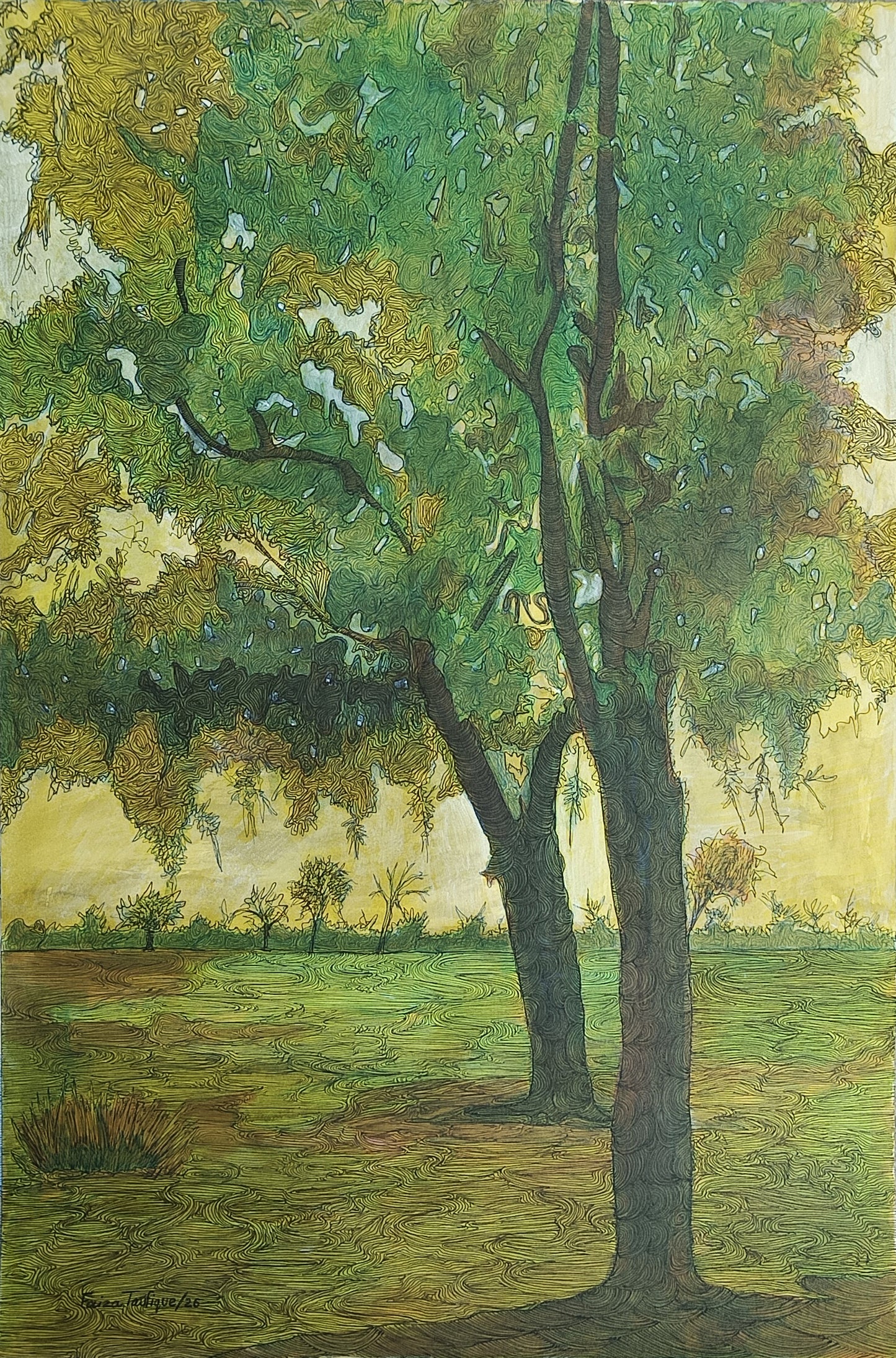 Green Canopy, Landscape Painting by Faiza Taufique, Pen & Ink on Arches Paper, 15 x 22 inches
