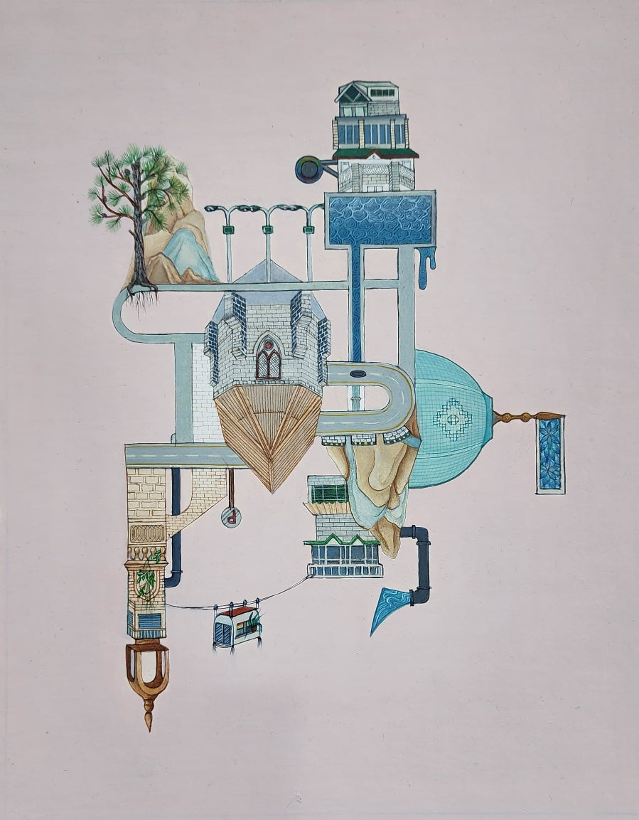 Untitled, Cityscape painting by Fatima Maqbool, Gouache on wasli, 14 x 16 inches