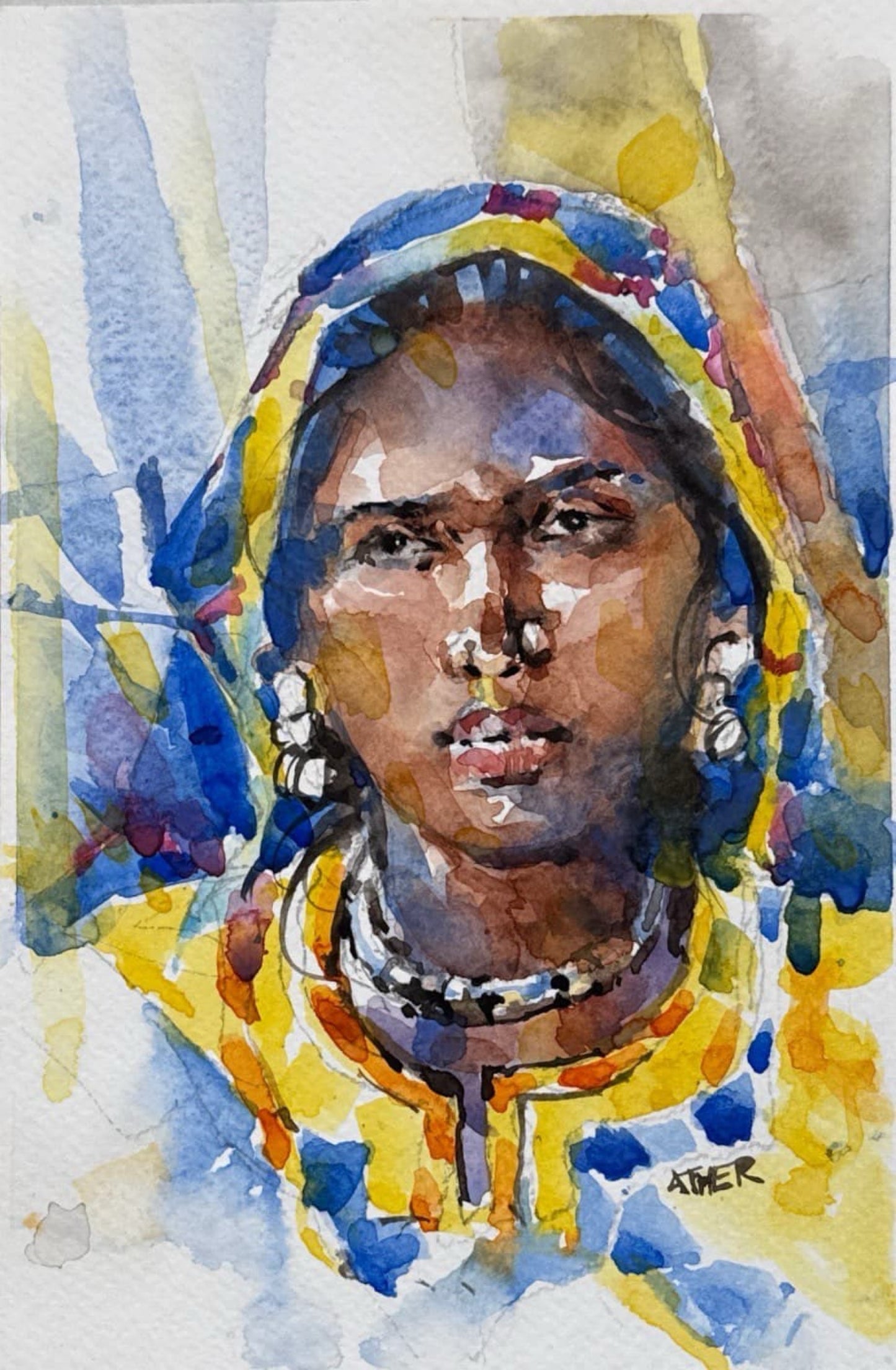 Untitled, Portrait Painting by Ather Jamal, Watercolour on Paper, 5 x 9 inches