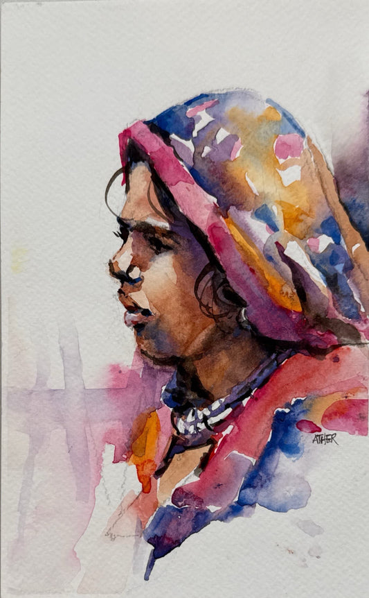 Untitled, Portrait Painting by Ather Jamal, Watercolour on Paper, 6 x 9 inches