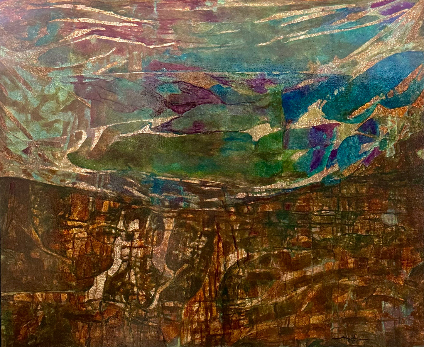 Blue Print of Survival, Abstract Painting by Abid Hasan, Oil and Oxidized Silver Leaf on Canvas, 30 x 36 inches