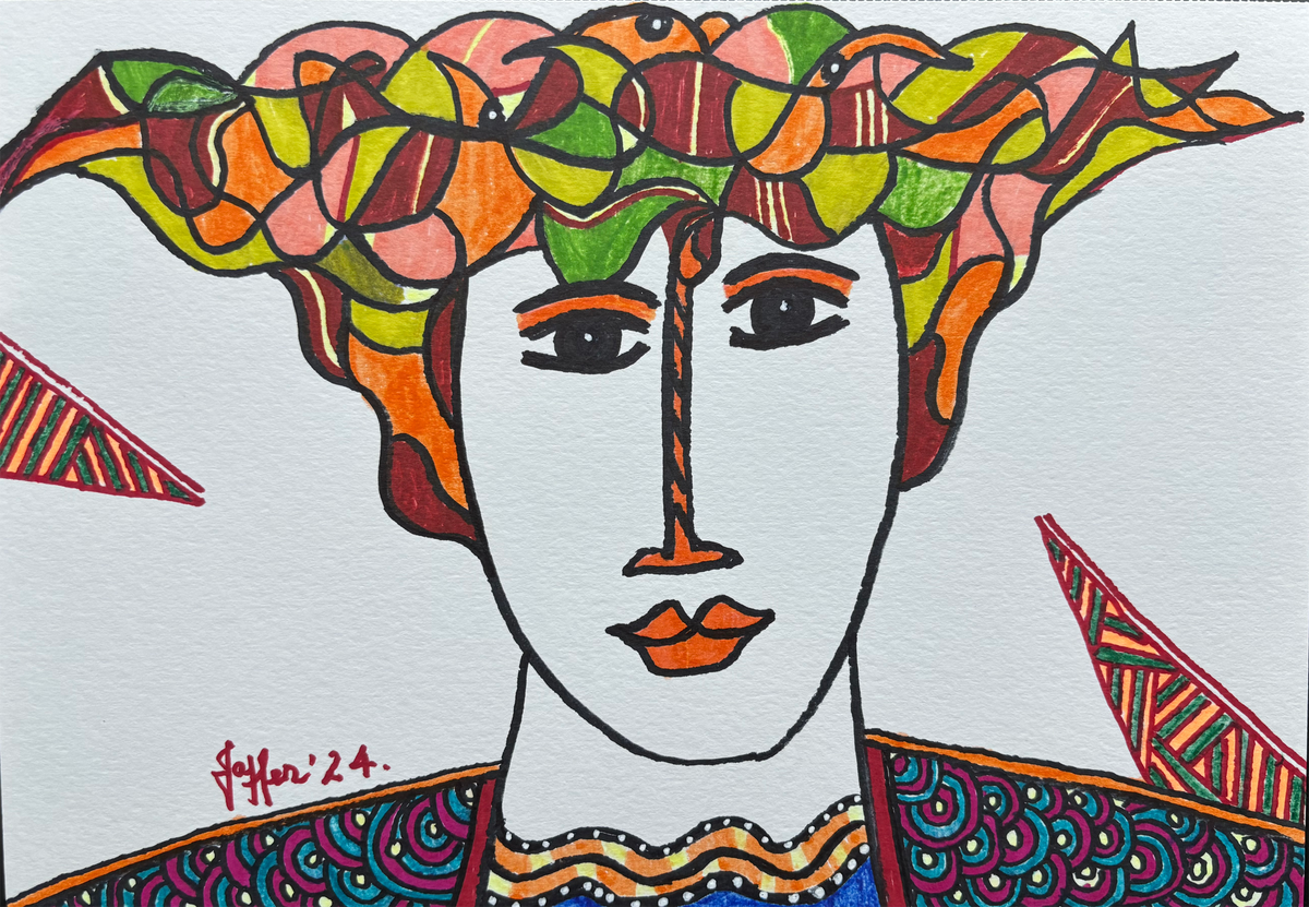 3 Birds, Portrait Painting by Wahab Jaffer, Mixed Media on Paper, 12 x 8.5 Inches