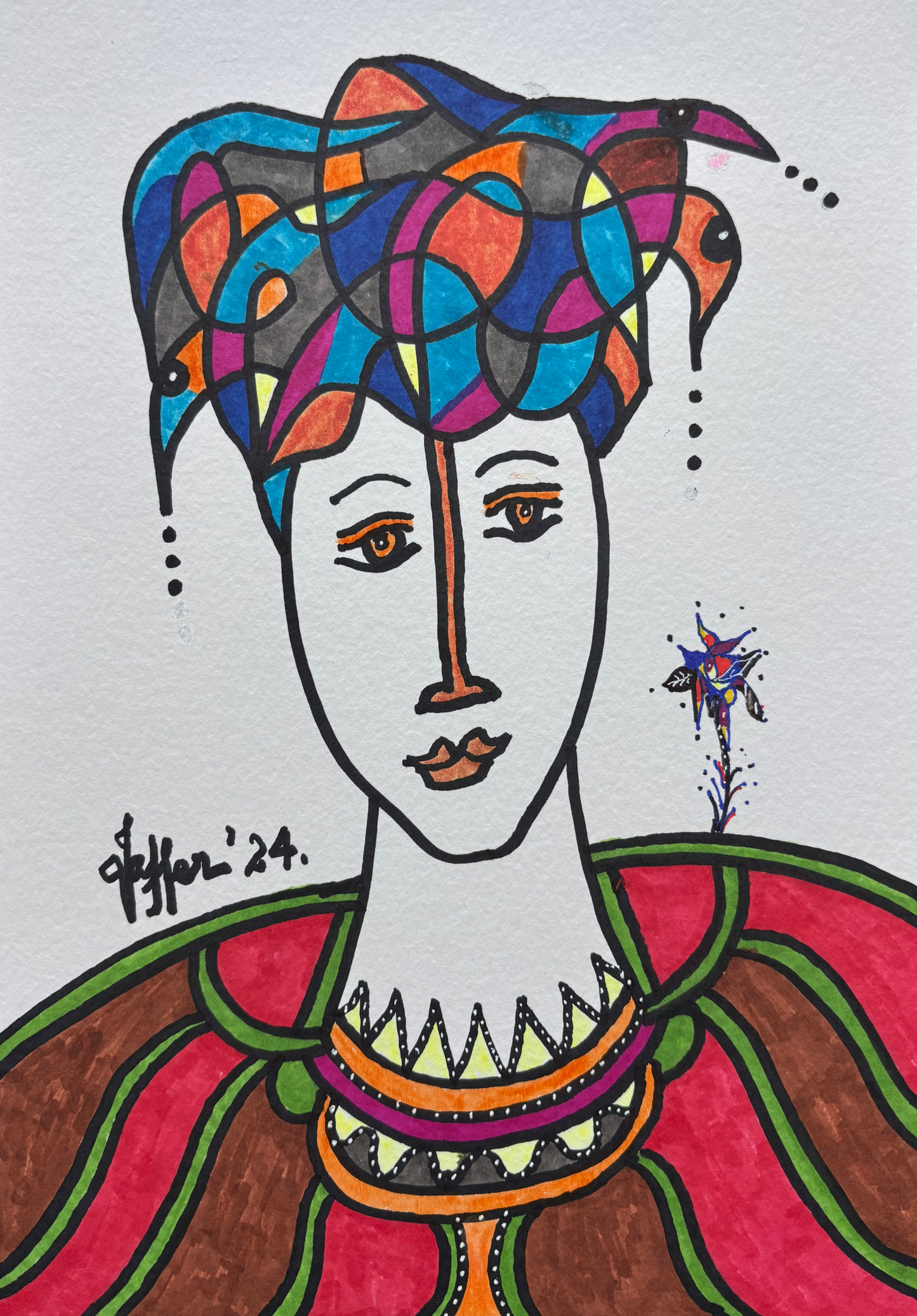 3 Birds, Portrait Painting by Wahab Jaffer, Mixed Media on Paper, 8.5 x 12 Inches