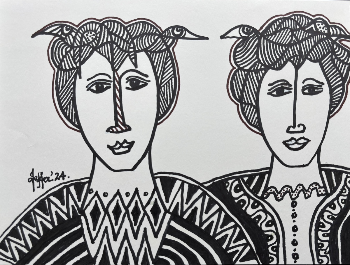 3 Birds, Portrait Painting by Wahab Jaffer, Mixed Media on Paper, 12 x 9 Inches