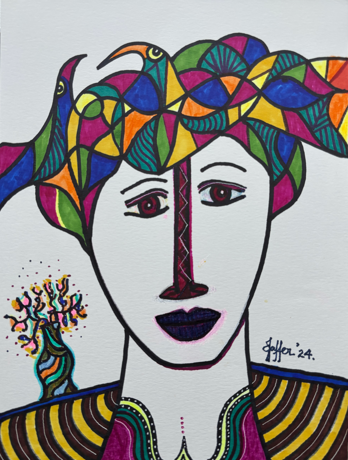 2 Birds, Portrait Painting by Wahab Jaffer, Mixed Media on Paper, 9 x 12 Inches