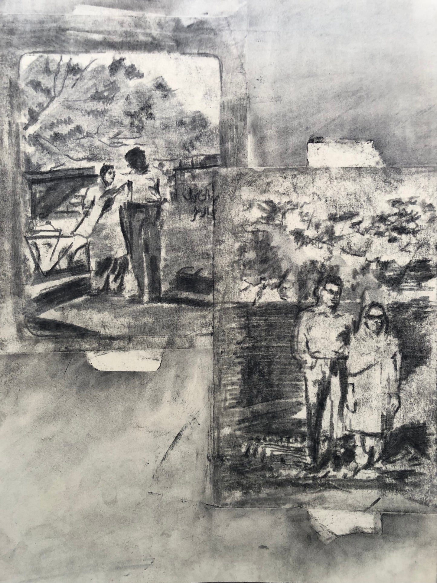 Stand by Me, on the Charpoy, Figurative Painting by Hijab Rizwan, Charcoal on Canvas, 11 x 14 inches