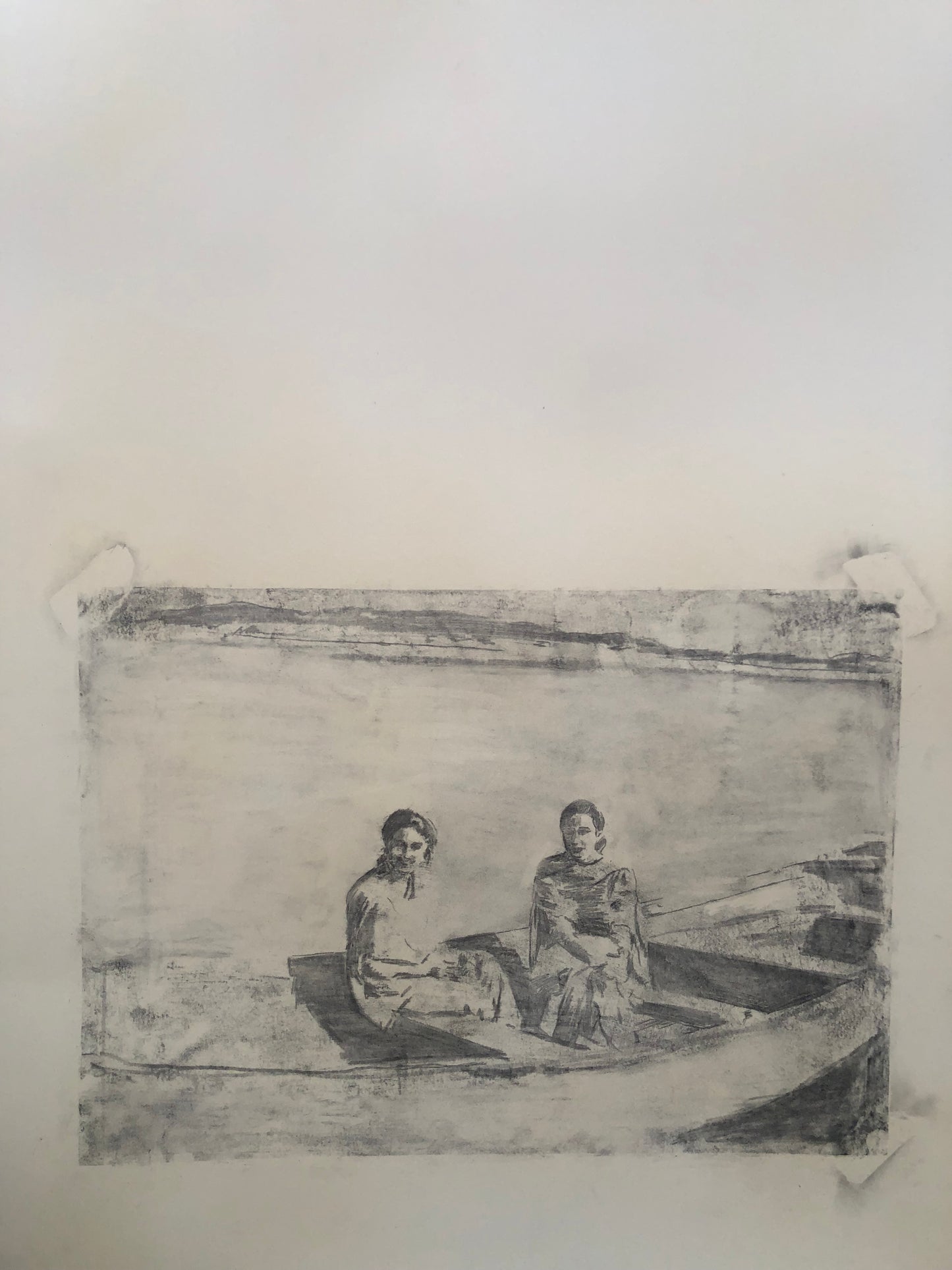 A Tale of Two, Figurative Painting by Hijab Rizwan, Charcoal on Canvas, 20 x 28 inches