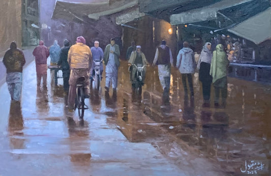 Rain inside walled city of Lahore, Cityscape Painting by Dr. Arshad Maqbool, Oil on Canvas, 12 x 18 inches.