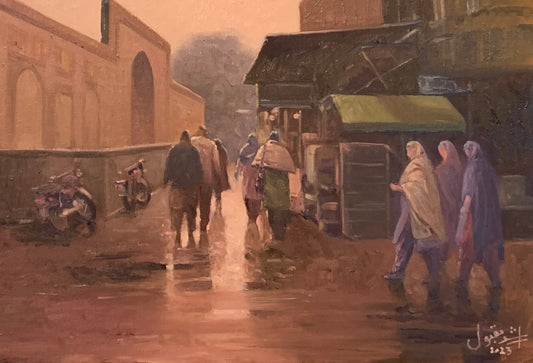 Rainy streets of Lahore, Cityscape Painting by Dr. Arshad Maqbool, Oil on Canvas, 12 x 18 inches.