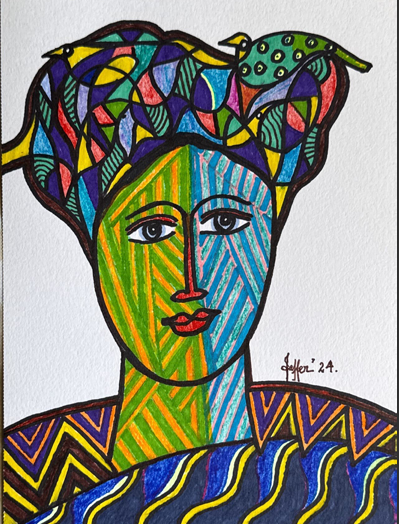 Untitled, Portrait Painting by Wahab Jaffer, Mixed Media on paper, 8.4 x 12 inches