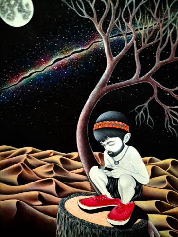 Untitled, Figurative Painting by Mutaib Shah, Acrylic on Wasli, 15 x 20 inches