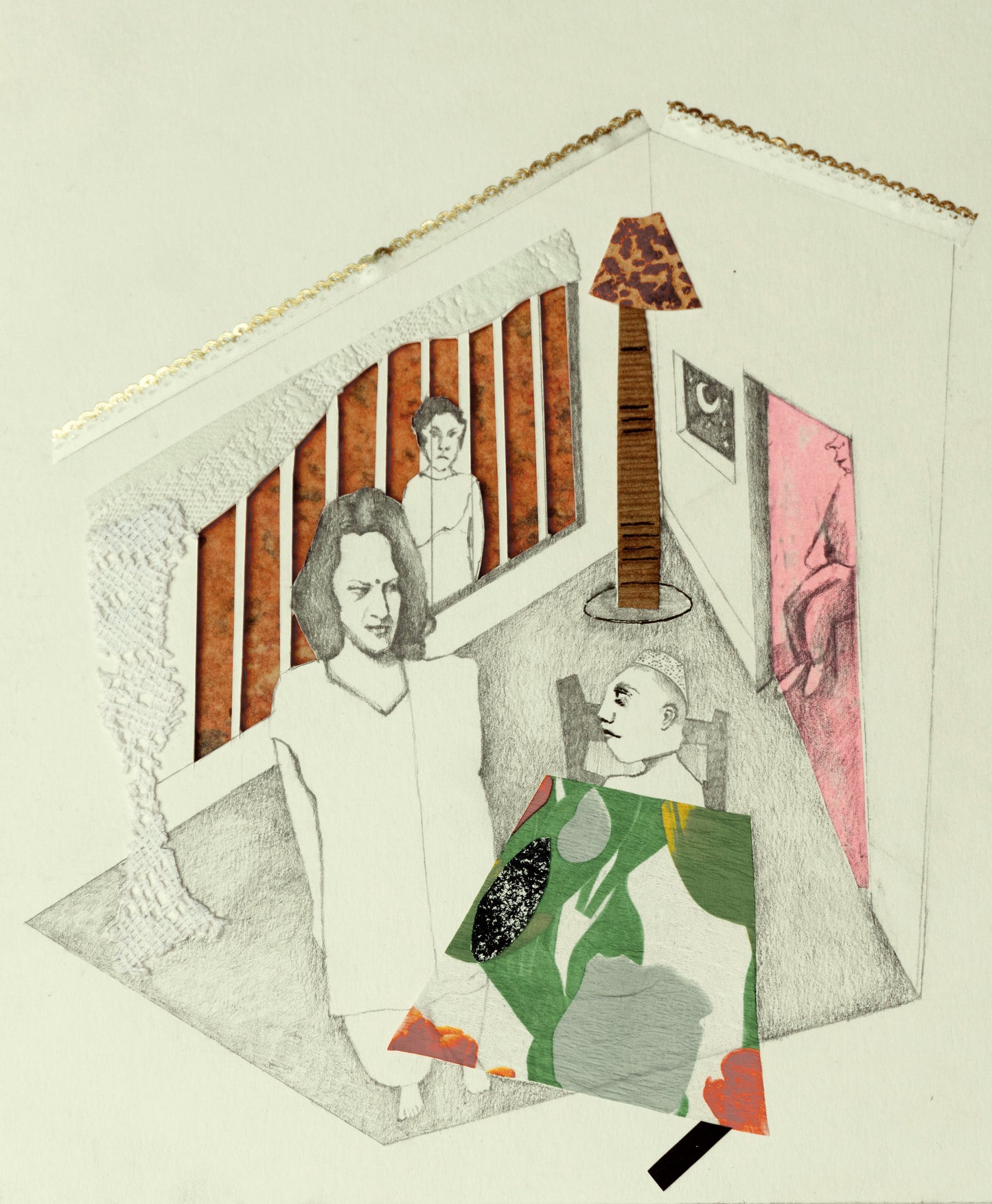 Talking of the Love I gave Away, Figurative Painting by Mehreen Fatima, Collage and Graphite on Paper, 9 x 11 inches