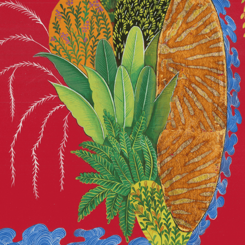 The Garden She Kept Hidden, Painting by Hifza Khan, Gouache on Acid Free Wasli & Red Chrysanthemum Variegated Leaf Transferi, 29 x 23 Inches