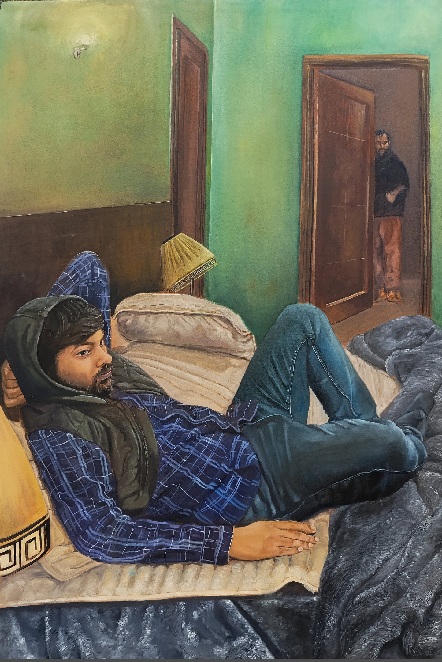 The Door Didn't Close, Figurative Painting by Muqeet Haider, Oil on Canvas, 25 x 38 inches