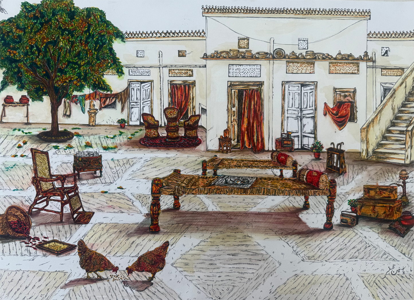 Bikhri Hui Yaadein, Painting by Yasmeen Zafar, Markers & Watercolor on Paper, 34 x 26 inches