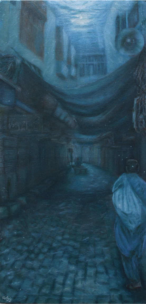 Daily Bread, Cityscape Painting by Huria Naqvi, Oil on Canvas, 18 x 36 Inches