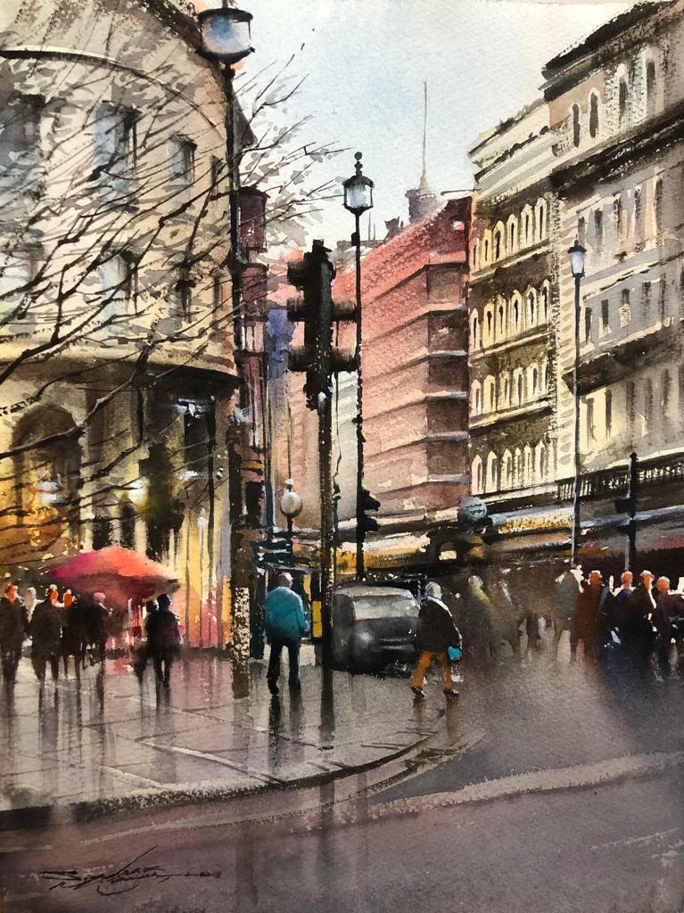 Untitled, Cityscape Painting by Sarfraz Musawir, Watercolor on Paper, 11 x 15 inches.