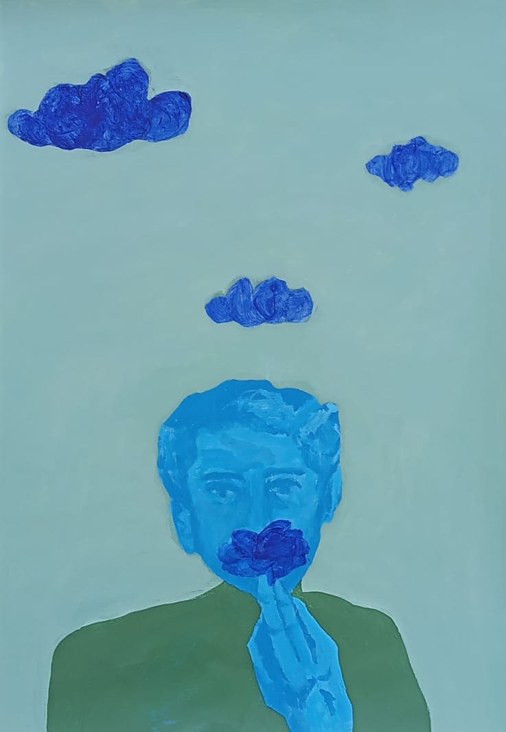 This is an old one Man contemplating a flower, Figurative Painting by Faheem Abbas, Acrylic on Canvas, 15 x 22 inches.