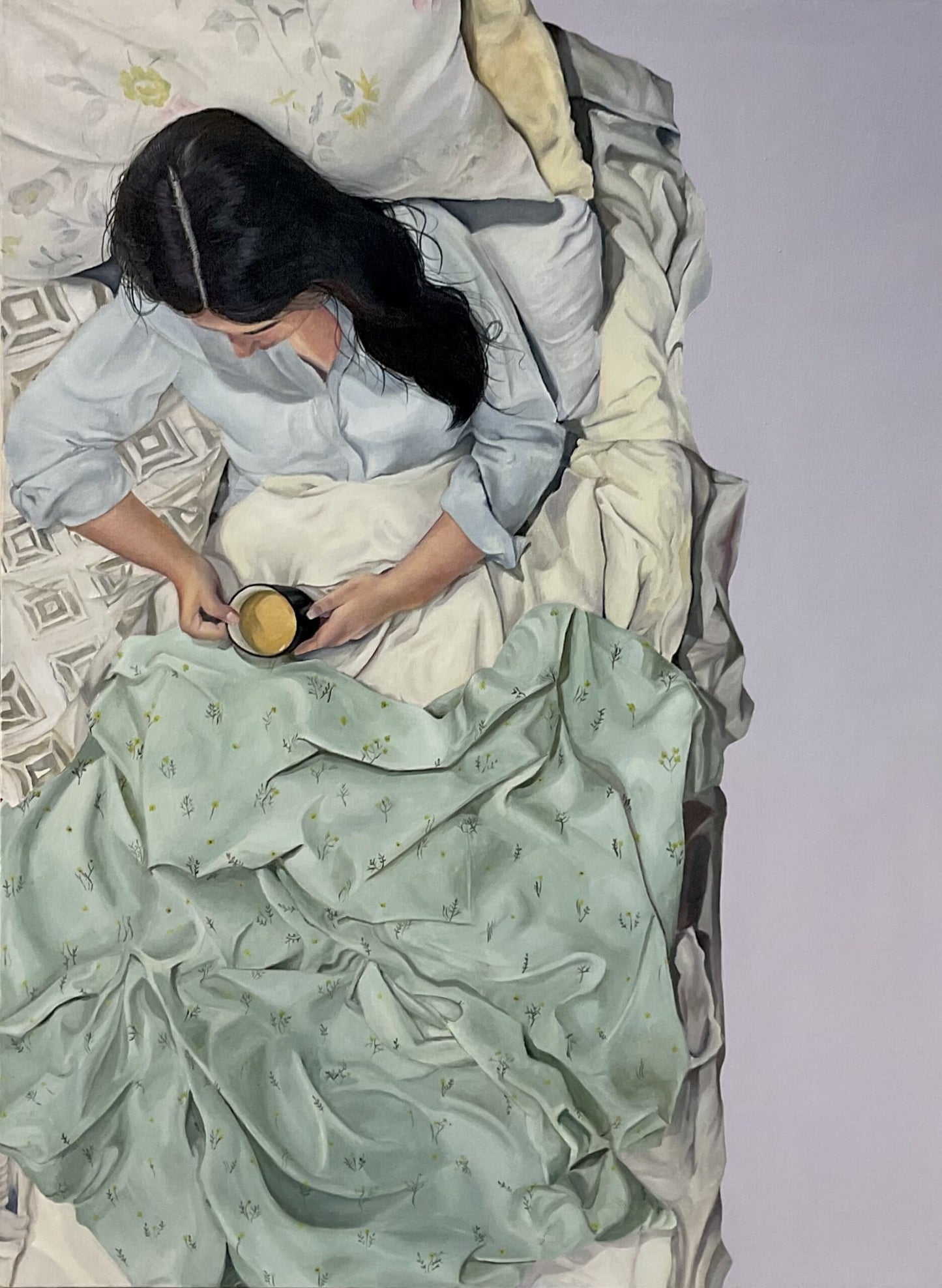 Sip the Calm, Figurative Painting by Qindeel Usman, Oil on Canvas, 30x40 inches.