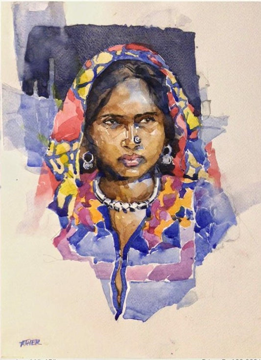 Untitled, Portrait Painting by Ather Jamal, Watercolour on Paper, 11 x 15 inches