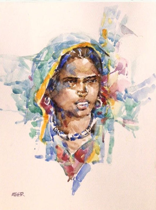 Untitled, Portrait Painting by Ather Jamal, Watercolour on Paper, 9 x 12 inches