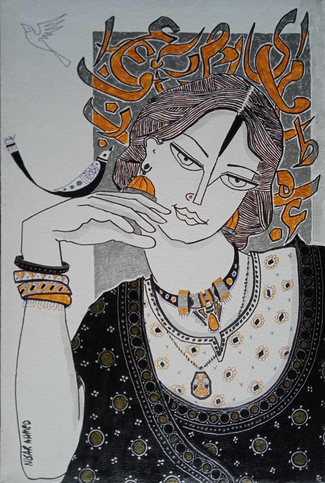 Untitled, Portrait Drawing by Nisar Ahmad, Mixed Media on canvas, 12 x 18 inches