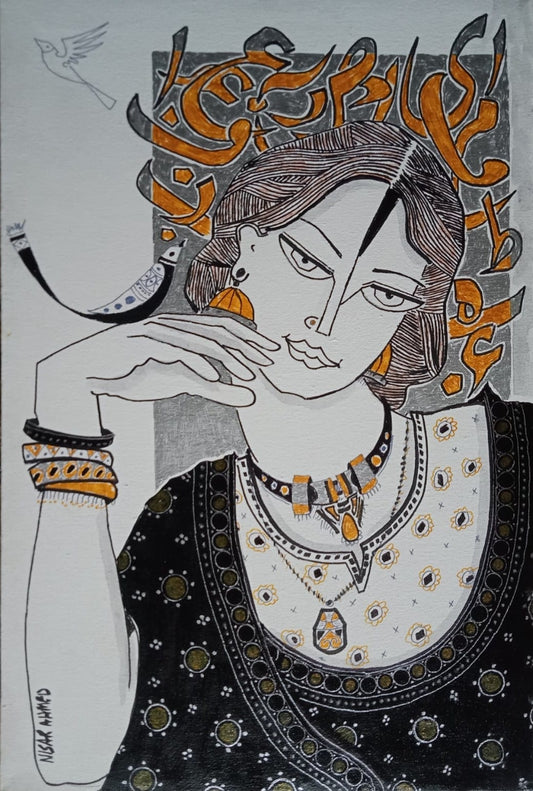 Untitled, Portrait Drawing by Nisar Ahmad, Mixed Media on Canvas, 12 x 18 inches