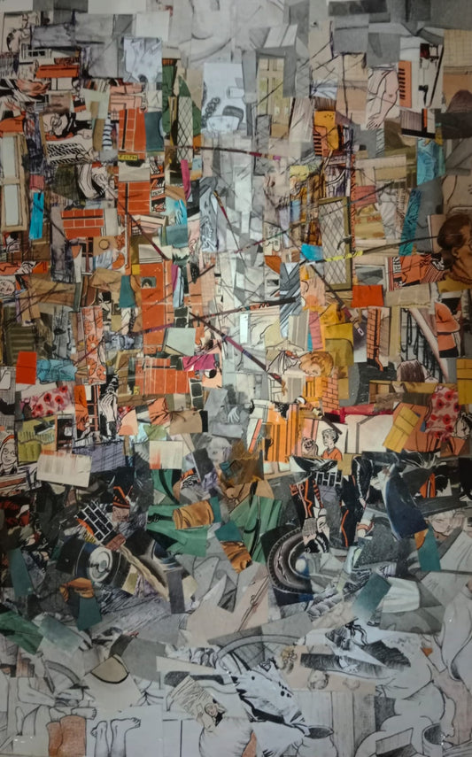 Bazaar, Cityscape Painting by Anila Zulfiqar, Montage on paper, 9 x 14 inches