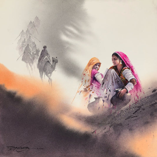 Untitled, Figurative Painting by Sarfraz Musawir, Watercolor on Paper, 15 x 15 inches
