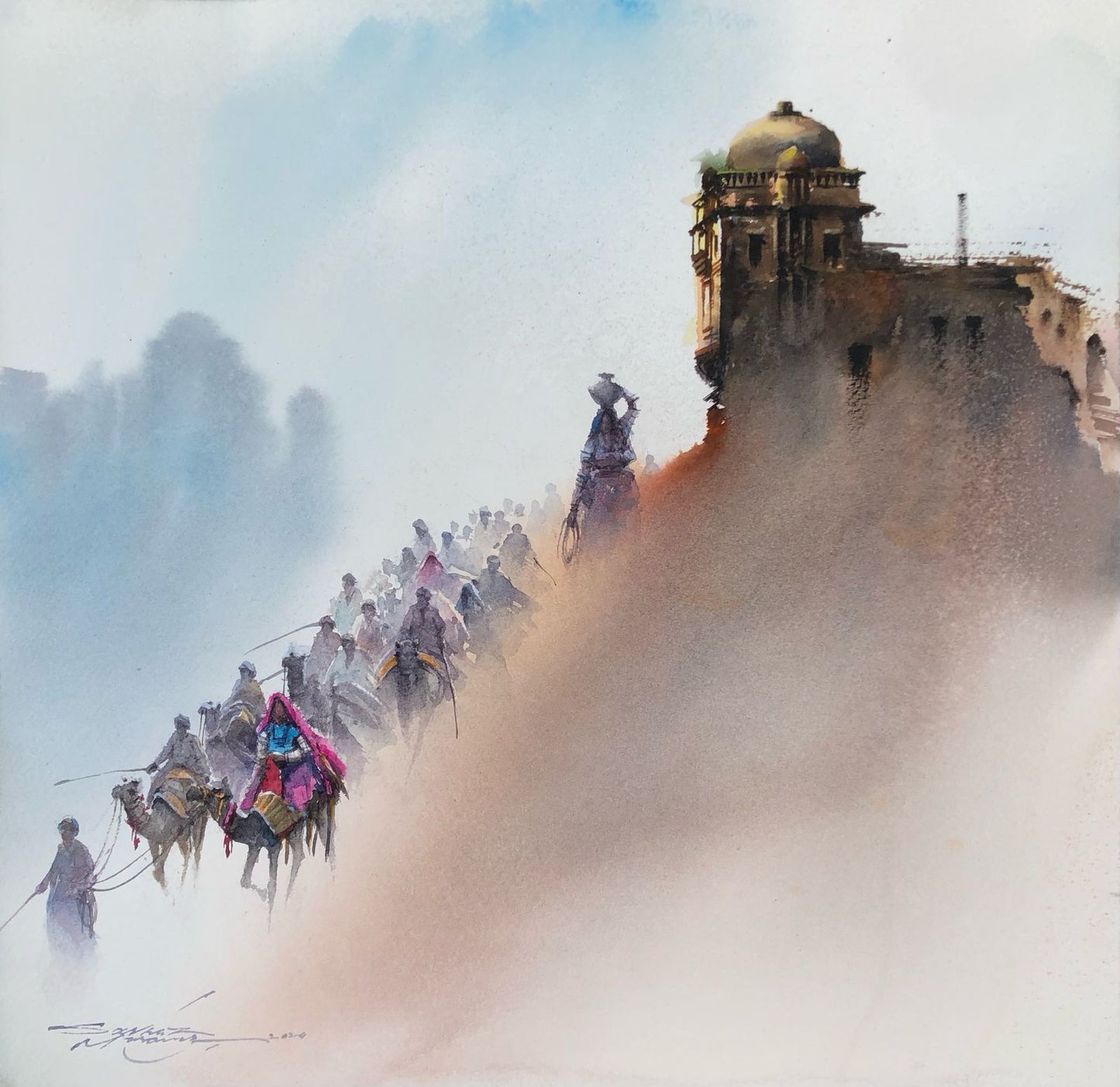 Untitled, Cityscape Painting by Sarfraz Musawir, Watercolor on Paper, 15 x 15 inches