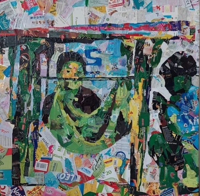 Teen Dabbay Wala, Figurative Painting by Mehr un Nisa, Garbage on Board, 32 x 32 inches