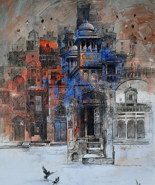 Untitled, Cityscape Painting by Asghar Ali, Mix media on Canvas, 20 x 24 inches