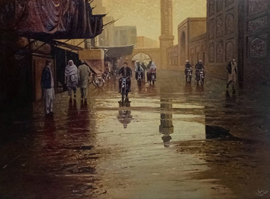 “Rusty Reflections of a Rainy Afternoon”, Cityscape Painting by Dr. Arshad Maqbool, Oil on Canvas, 48 x 36 inches