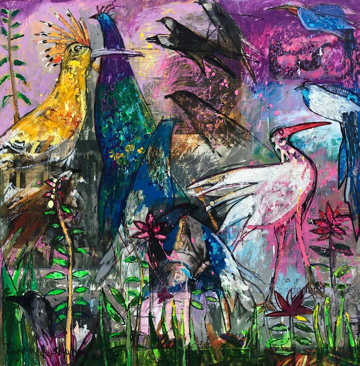 Bird Series, Animal Painting by Farrukh Shahab, Mixed Media on Canvas, 25 x 25 inches