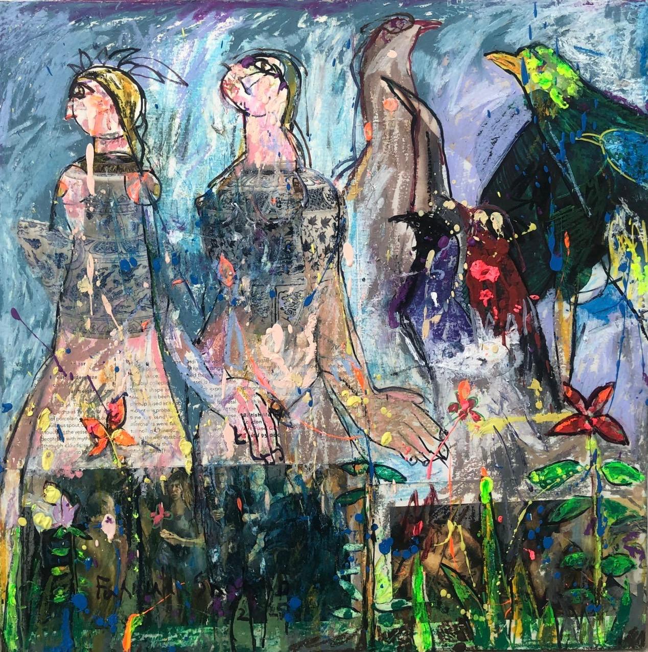 Bird Series, Animal Painting by Farrukh Shahab, Mixed Media on Canvas, 16 x 16 inches