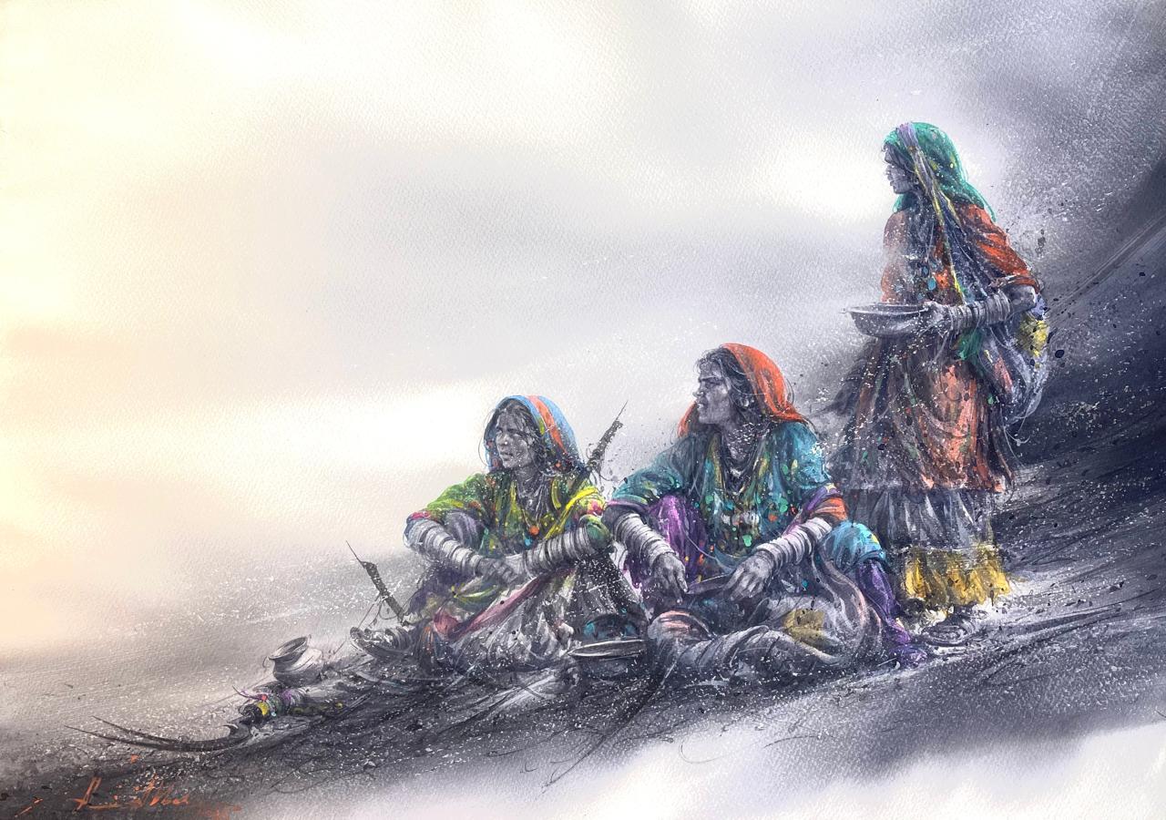 Sehra Gard, Figurative Painting by Ali Abbas, Watercolor on Paper, 29.5 x 22 inches